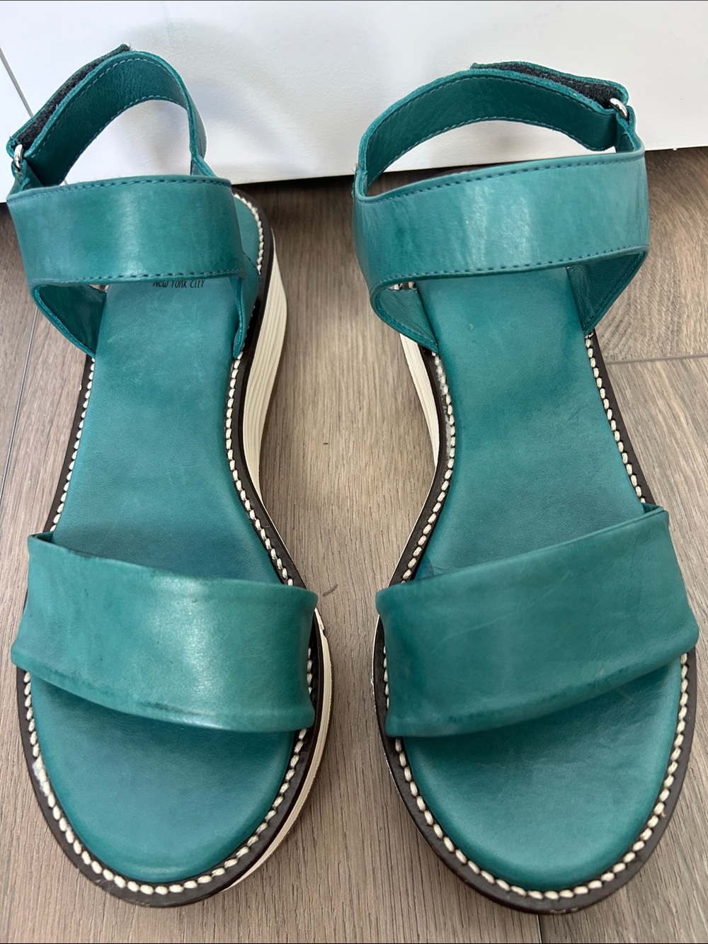 Miz Mooz Teal Leather Open-Toe Ankle-Strap Sandals